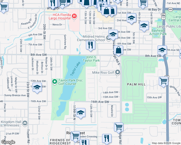 map of restaurants, bars, coffee shops, grocery stores, and more near 1240 11th Court Southwest in Largo