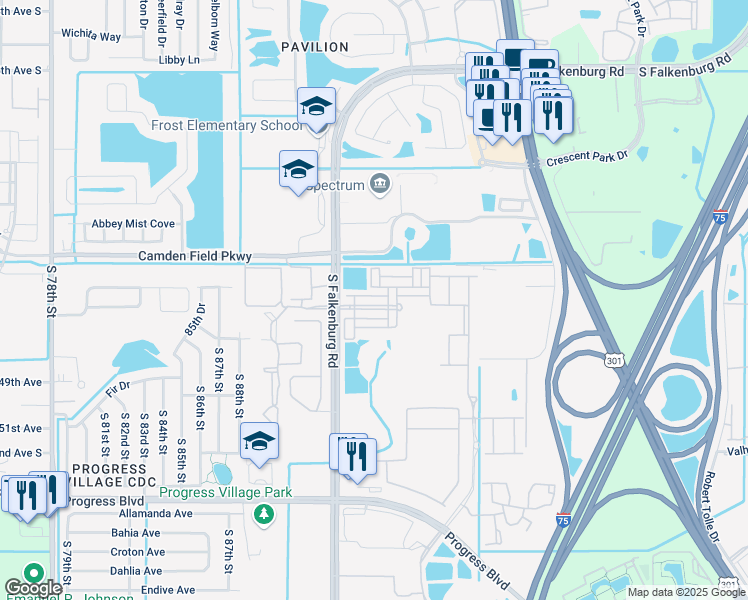 map of restaurants, bars, coffee shops, grocery stores, and more near 9034 Aspen Hollow Place in Riverview