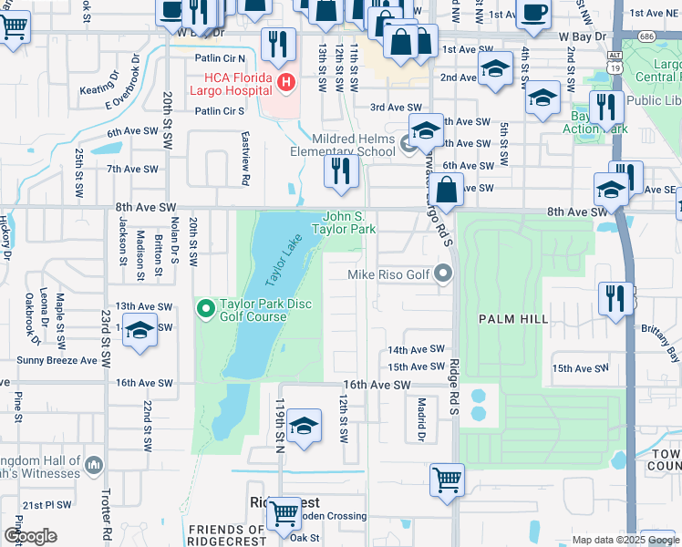 map of restaurants, bars, coffee shops, grocery stores, and more near 1240 11th Court Southwest in Largo