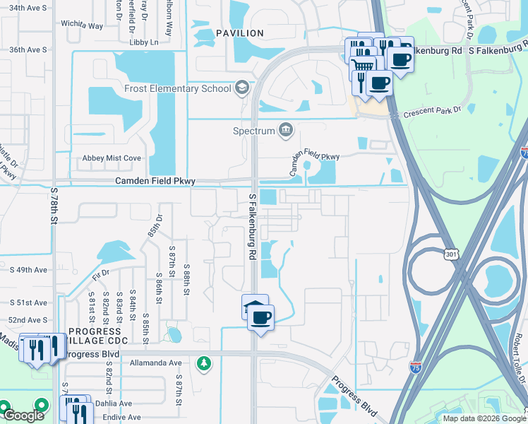 map of restaurants, bars, coffee shops, grocery stores, and more near 9010 Aspen Hollow Place in Riverview