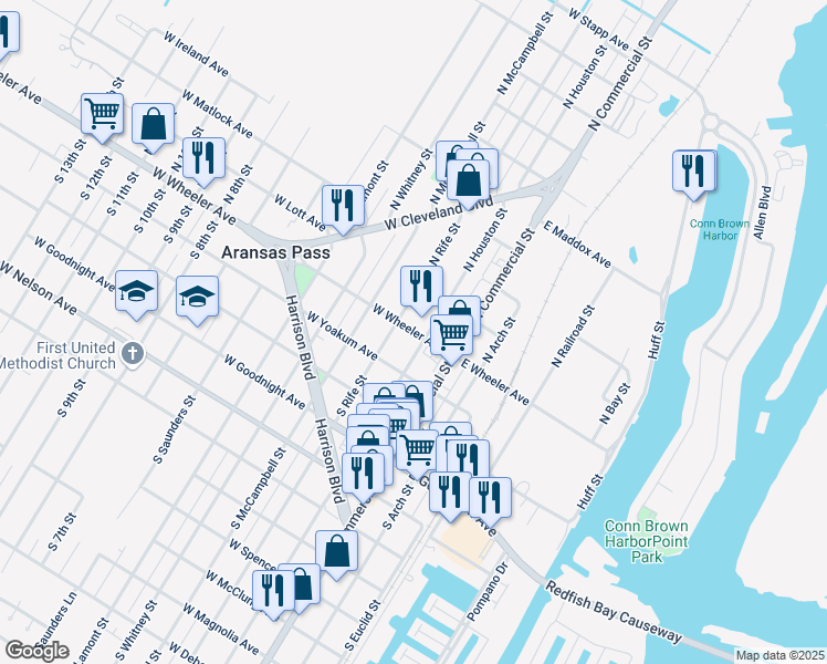map of restaurants, bars, coffee shops, grocery stores, and more near 225 West Wheeler Avenue in Aransas Pass