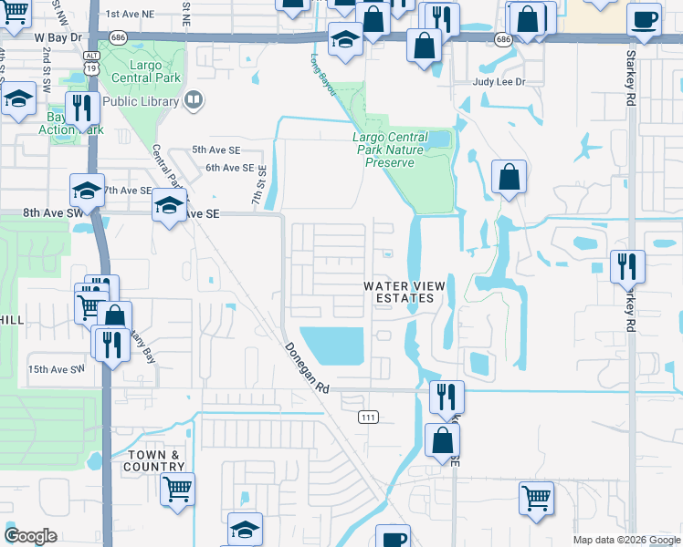 map of restaurants, bars, coffee shops, grocery stores, and more near 1071 Donegan Road in Largo