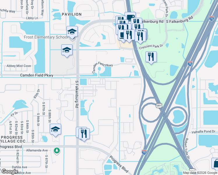 map of restaurants, bars, coffee shops, grocery stores, and more near 4504 Savannah Holly Place in Riverview