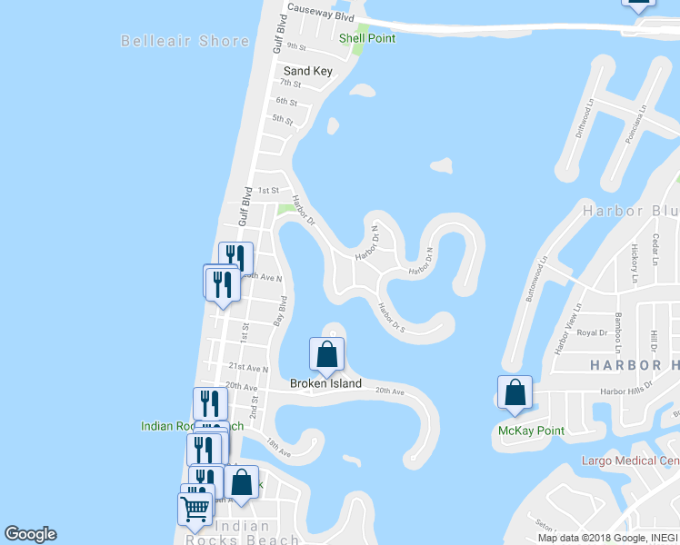 map of restaurants, bars, coffee shops, grocery stores, and more near 408 Harbor Drive South in Indian Rocks Beach