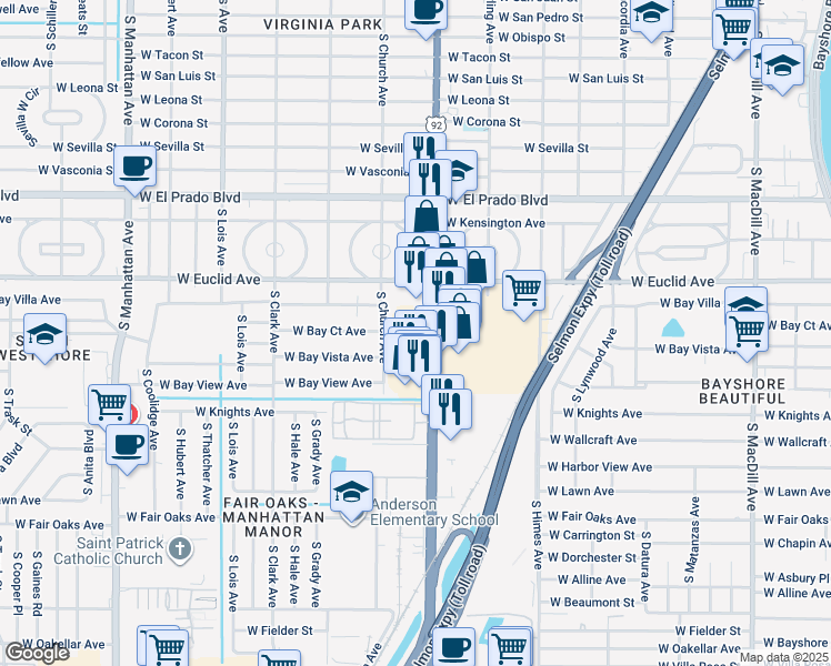 map of restaurants, bars, coffee shops, grocery stores, and more near 3906 South Church Avenue in Tampa