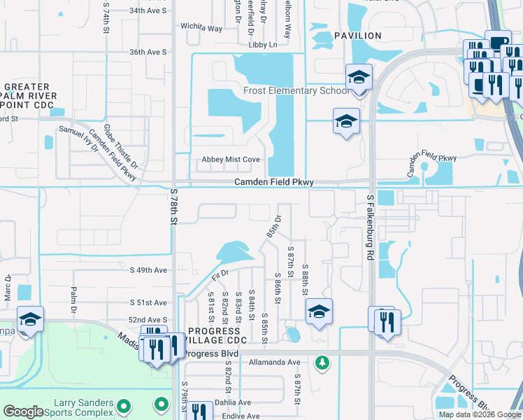 map of restaurants, bars, coffee shops, grocery stores, and more near 4718 Woods Landing Lane in Tampa