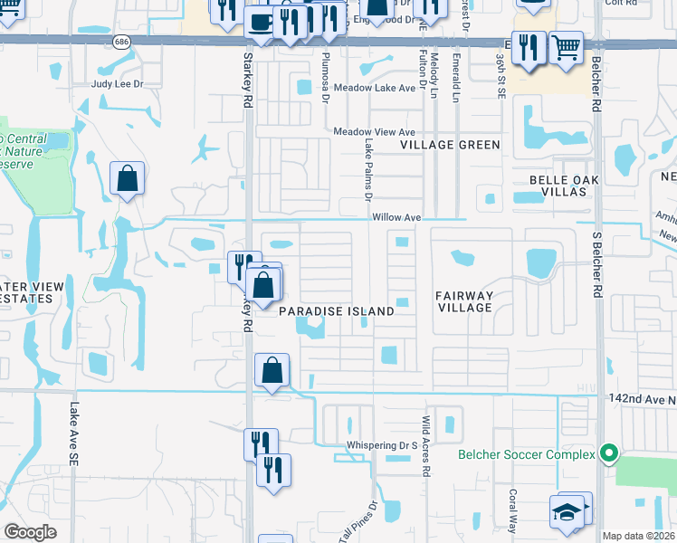 map of restaurants, bars, coffee shops, grocery stores, and more near 1001 Starkey Road in Largo