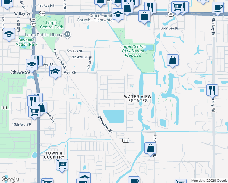 map of restaurants, bars, coffee shops, grocery stores, and more near 1071 Donegan Road in Largo