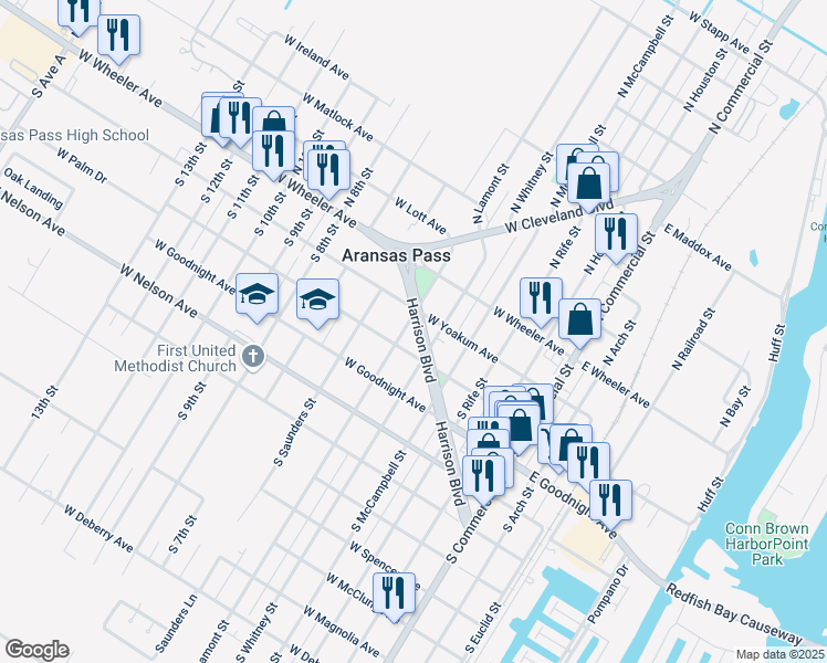 map of restaurants, bars, coffee shops, grocery stores, and more near 619 West Yoakum Avenue in Aransas Pass