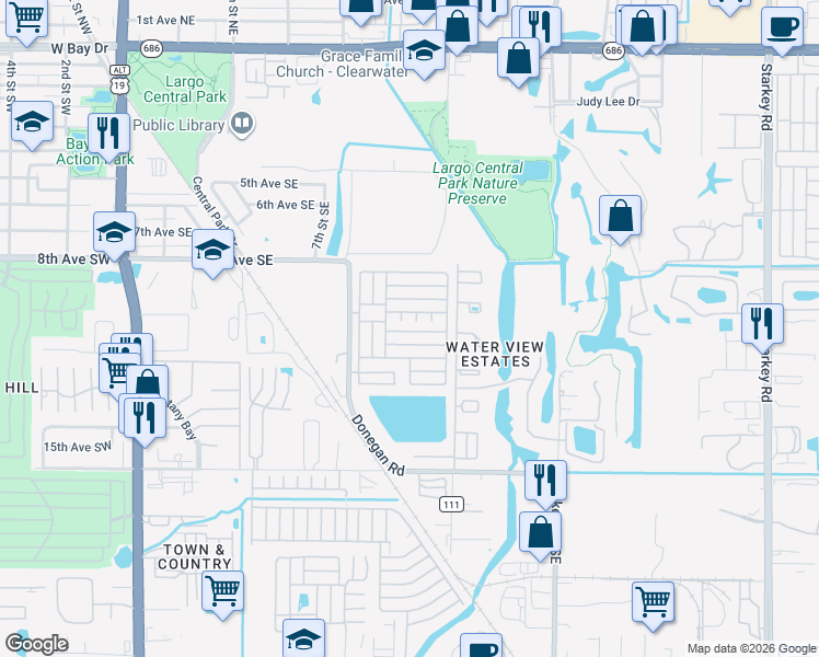 map of restaurants, bars, coffee shops, grocery stores, and more near 1071 Donegan Road in Largo