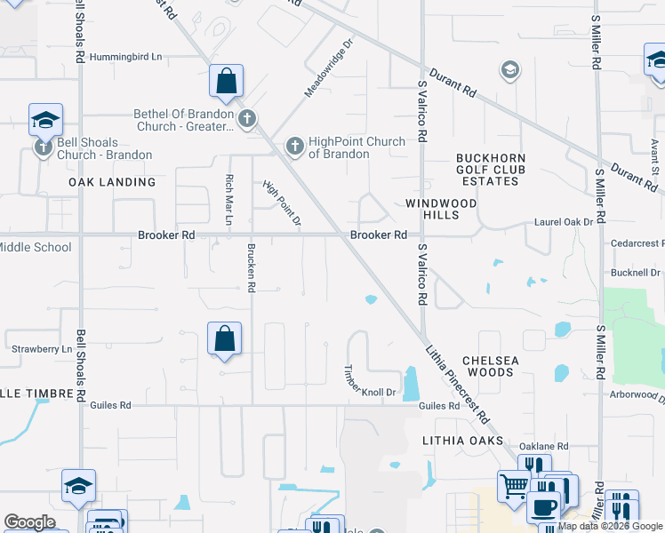 map of restaurants, bars, coffee shops, grocery stores, and more near 2605 Manor Oak Drive in Valrico
