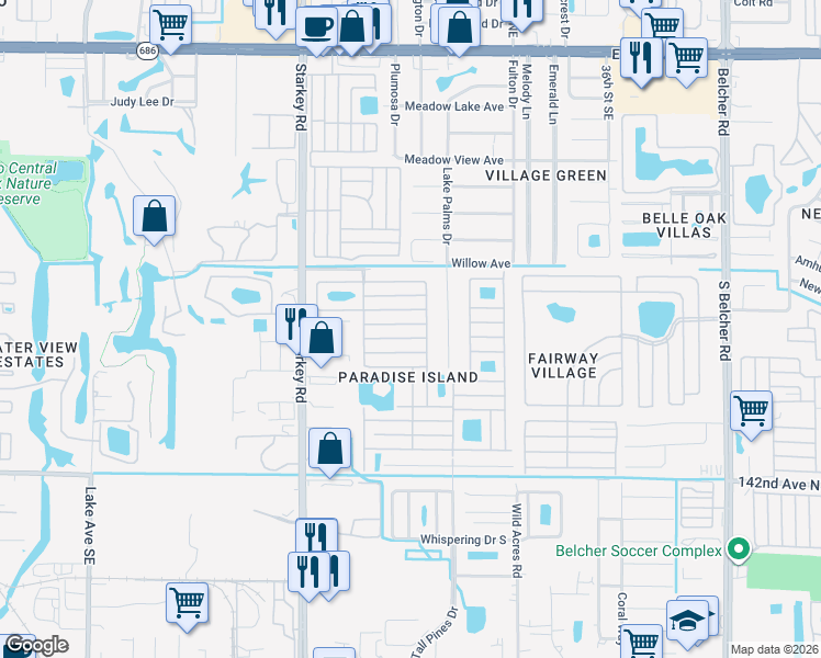 map of restaurants, bars, coffee shops, grocery stores, and more near 1001 Starkey Road in Largo