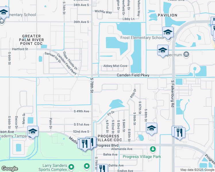 map of restaurants, bars, coffee shops, grocery stores, and more near 7923 Camden Woods Drive in Tampa