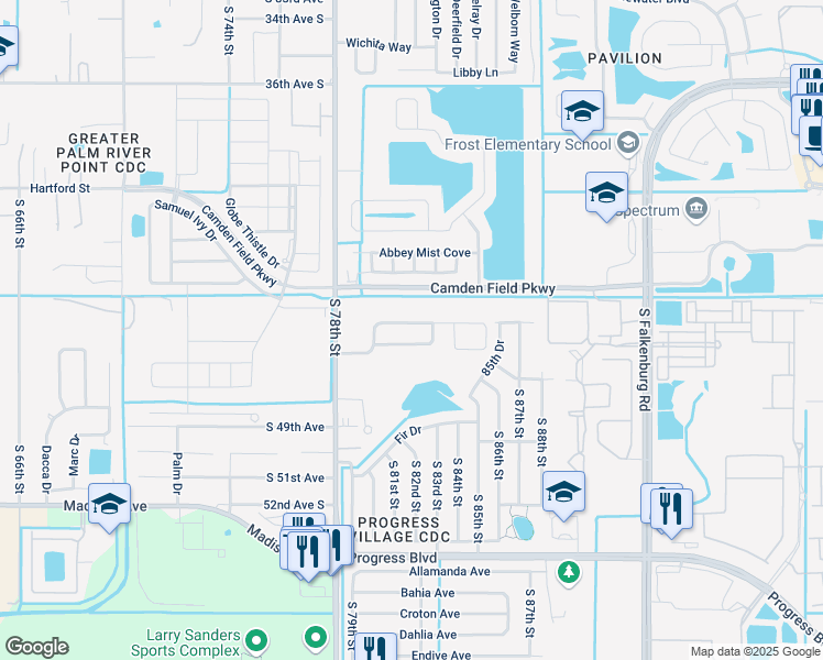 map of restaurants, bars, coffee shops, grocery stores, and more near 7940 Camden Woods Drive in Tampa