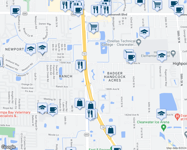 map of restaurants, bars, coffee shops, grocery stores, and more near 6550 150th Avenue North in Clearwater