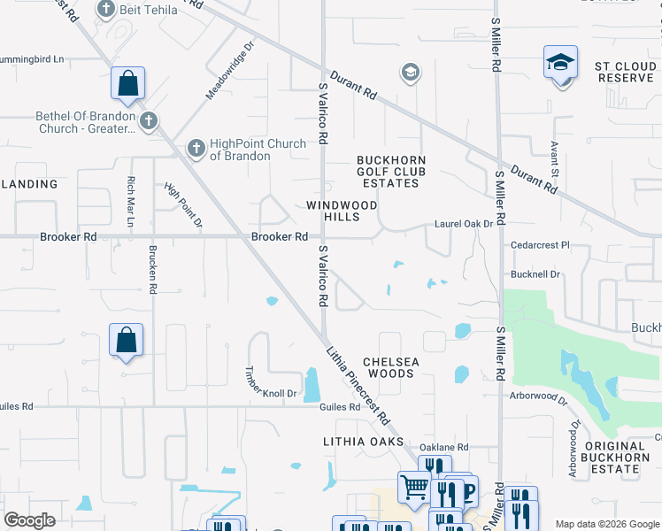 map of restaurants, bars, coffee shops, grocery stores, and more near 2701 Fairway View Drive in Valrico