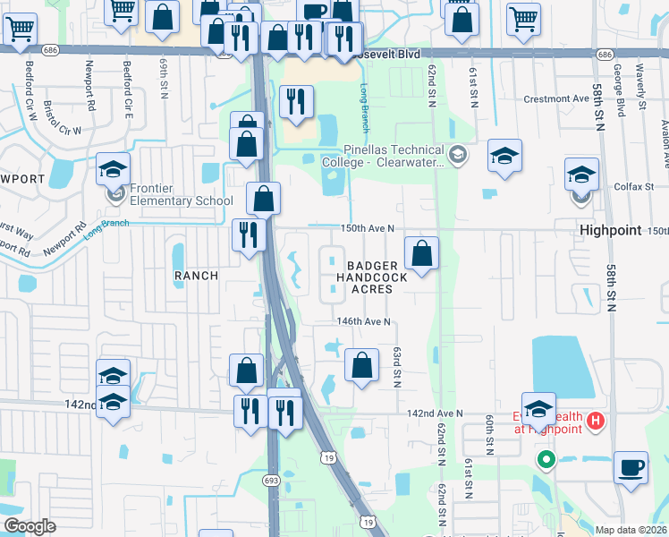 map of restaurants, bars, coffee shops, grocery stores, and more near 14893 Mockingbird Lane West in Clearwater