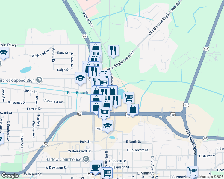 map of restaurants, bars, coffee shops, grocery stores, and more near 1330 North Wilson Avenue in Bartow
