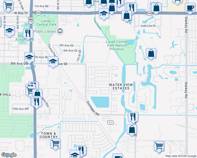 map of restaurants, bars, coffee shops, grocery stores, and more near 1071 Donegan Road in Largo