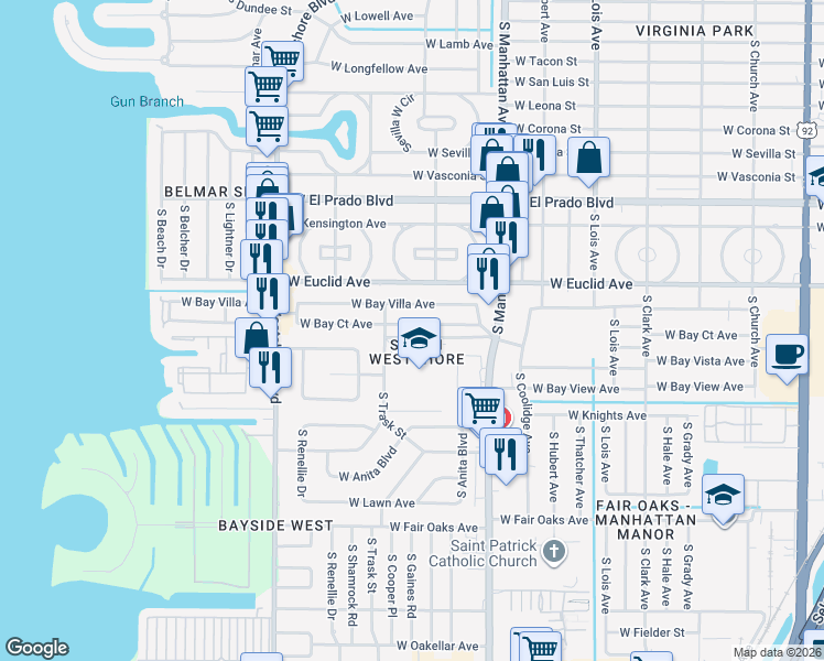 map of restaurants, bars, coffee shops, grocery stores, and more near 4431 West Bay Court Avenue in Tampa
