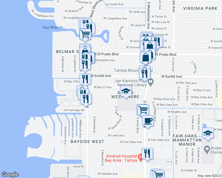 map of restaurants, bars, coffee shops, grocery stores, and more near 4613 West Bay Court Avenue in Tampa