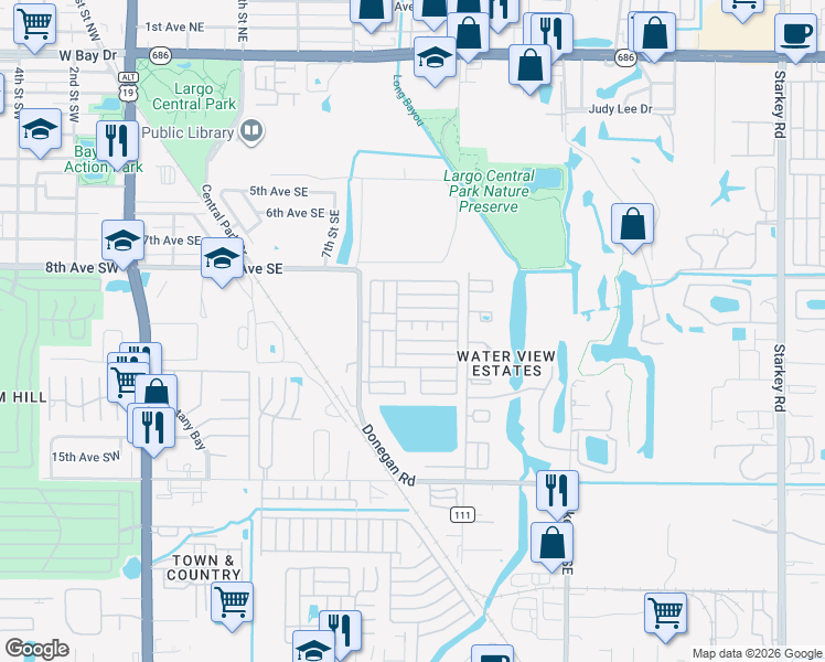 map of restaurants, bars, coffee shops, grocery stores, and more near 1071 Donegan Road in Largo