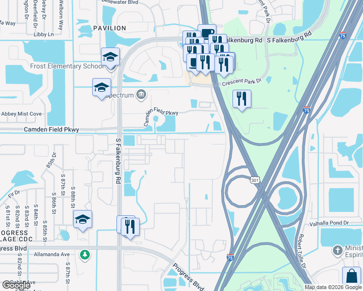 map of restaurants, bars, coffee shops, grocery stores, and more near 4504 Savannah Holly Place in Riverview