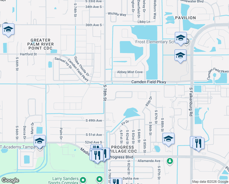 map of restaurants, bars, coffee shops, grocery stores, and more near 7910 Camden Woods Drive in Tampa