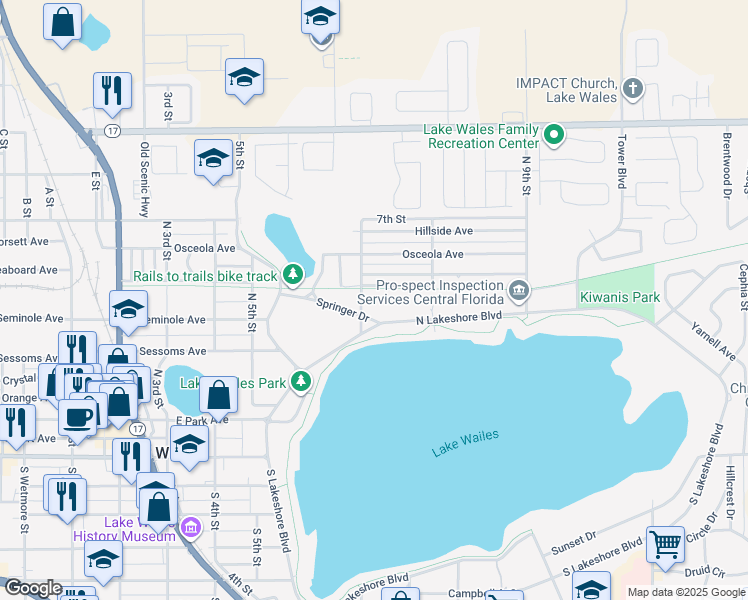 map of restaurants, bars, coffee shops, grocery stores, and more near 718 Wildabon Avenue in Lake Wales