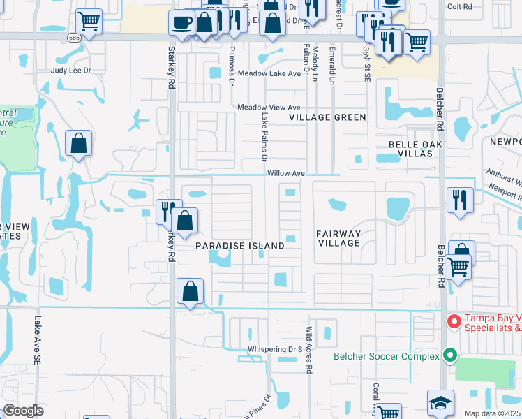 map of restaurants, bars, coffee shops, grocery stores, and more near 907 Lake Palms Drive in Largo