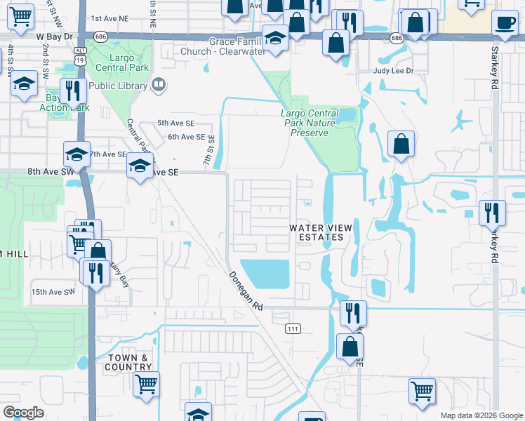 map of restaurants, bars, coffee shops, grocery stores, and more near 1071 Donegan Road in Largo