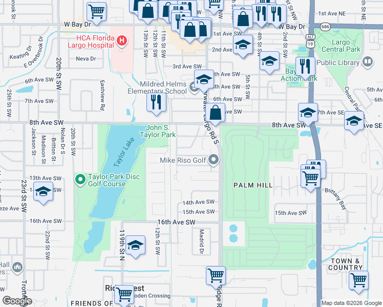 map of restaurants, bars, coffee shops, grocery stores, and more near 921 10th Avenue Southwest in Largo
