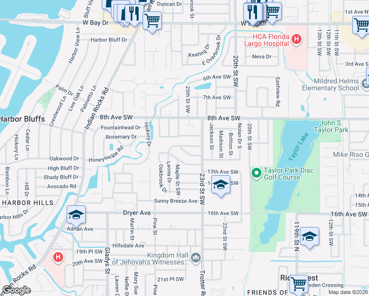 map of restaurants, bars, coffee shops, grocery stores, and more near 2569 10th Avenue Southwest in Largo