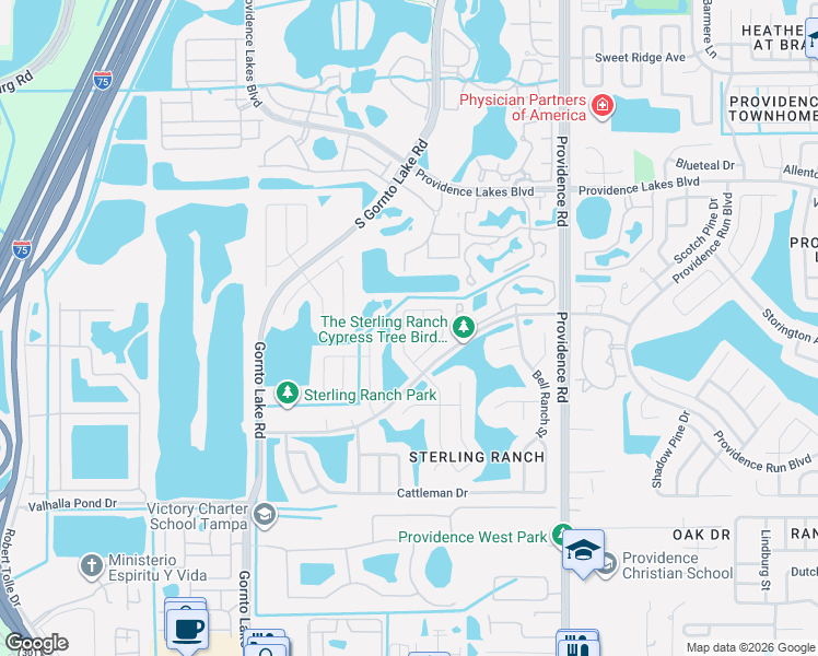 map of restaurants, bars, coffee shops, grocery stores, and more near 1703 Comstock Place in Brandon