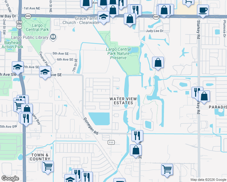 map of restaurants, bars, coffee shops, grocery stores, and more near 1026 Highland Avenue Southeast in Largo