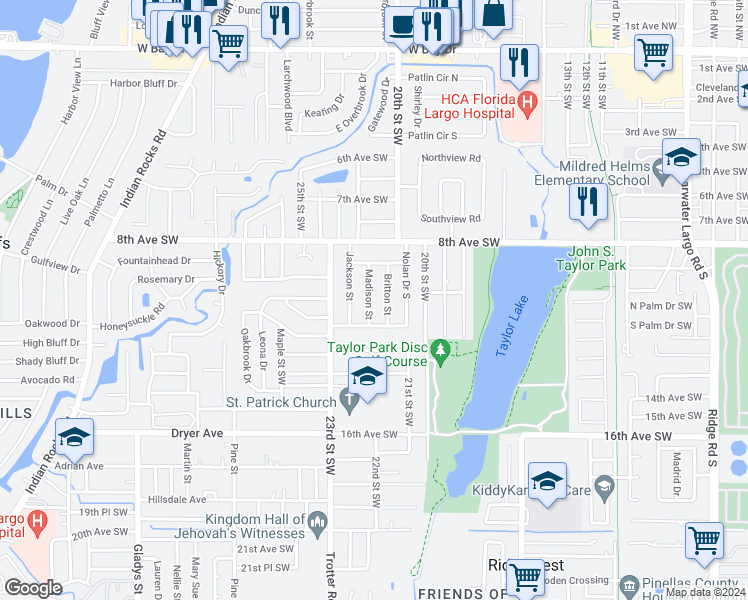 map of restaurants, bars, coffee shops, grocery stores, and more near 1048 Madison Street in Largo