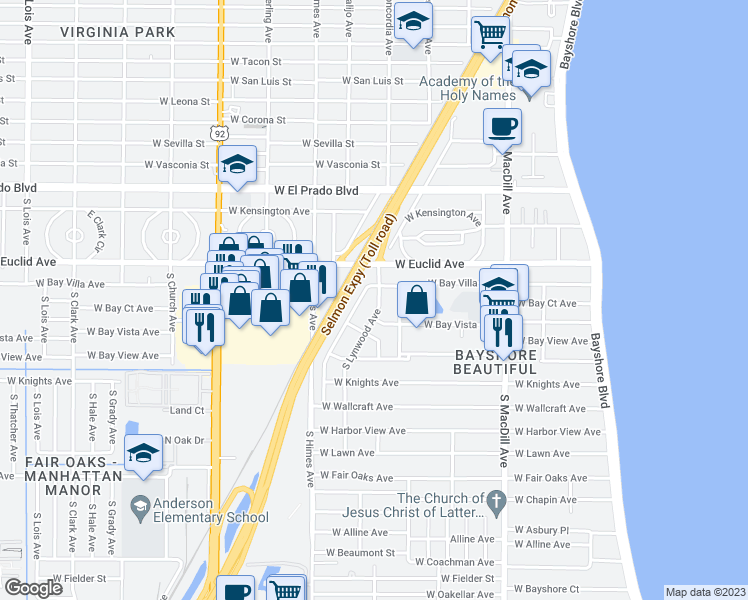 map of restaurants, bars, coffee shops, grocery stores, and more near 3801 South Lynwood Avenue in Tampa