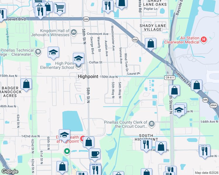 map of restaurants, bars, coffee shops, grocery stores, and more near 14853 56th Street North in Clearwater