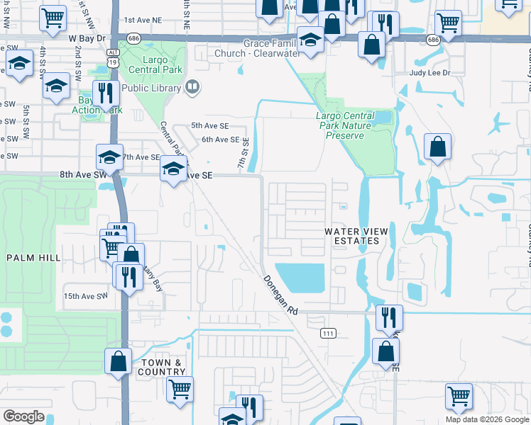 map of restaurants, bars, coffee shops, grocery stores, and more near 991 Donegan Road in Largo