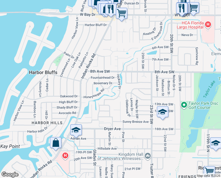 map of restaurants, bars, coffee shops, grocery stores, and more near 1063 Honeysuckle Road in Largo