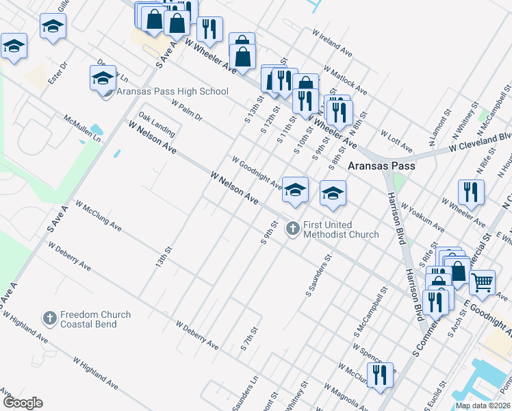 map of restaurants, bars, coffee shops, grocery stores, and more near 432 South 10th Street in Aransas Pass