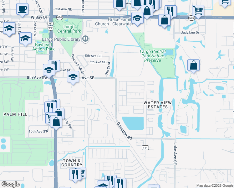 map of restaurants, bars, coffee shops, grocery stores, and more near 1071 Donegan Road in Largo