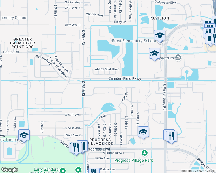 map of restaurants, bars, coffee shops, grocery stores, and more near 7940 Camden Woods Drive in Tampa