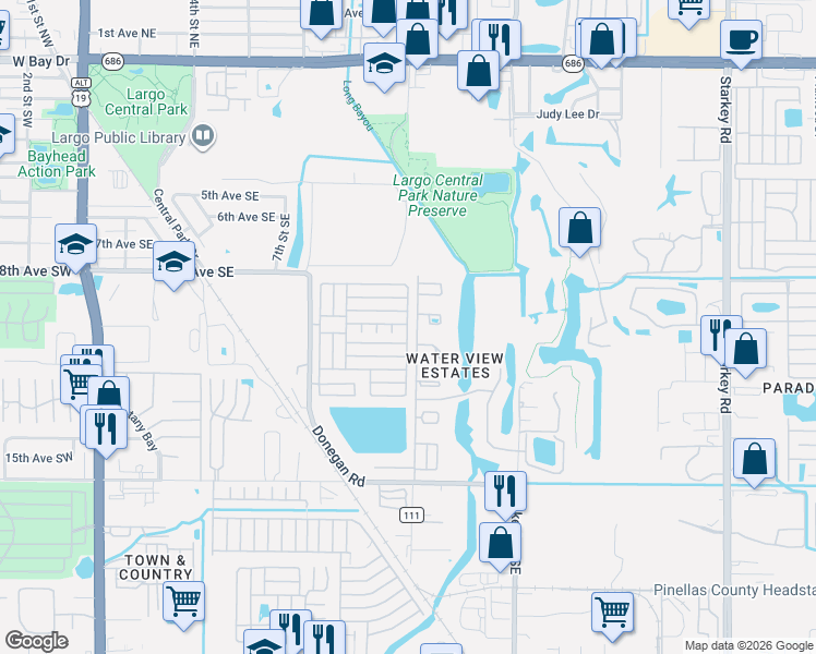 map of restaurants, bars, coffee shops, grocery stores, and more near 1026 Highland Avenue Southeast in Largo