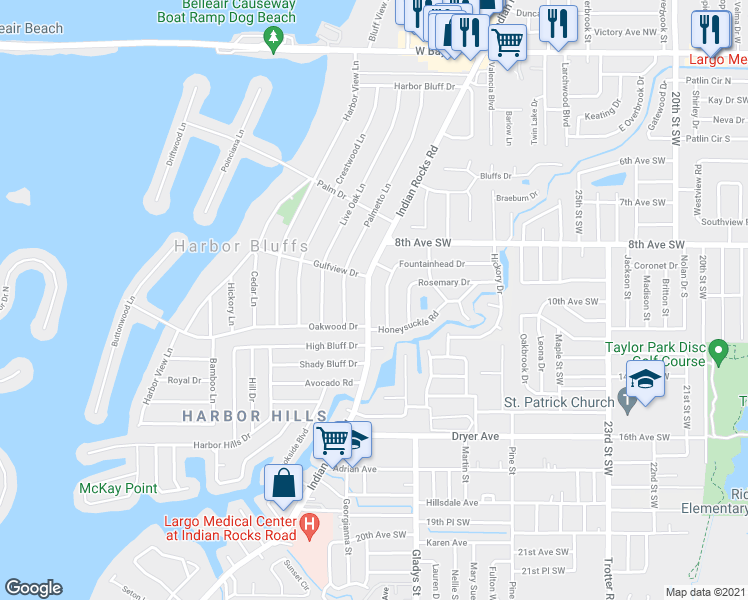map of restaurants, bars, coffee shops, grocery stores, and more near 1041 Indian Rocks Road in Largo