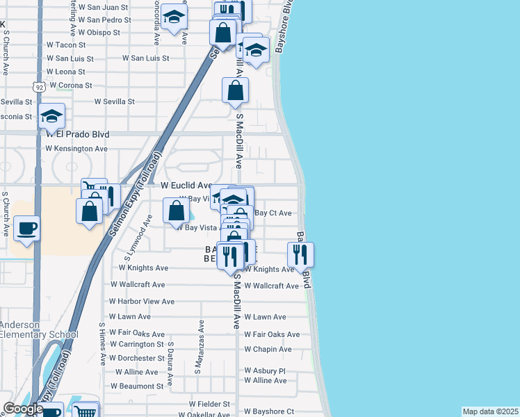 map of restaurants, bars, coffee shops, grocery stores, and more near 3003 West Bay Court Avenue in Tampa