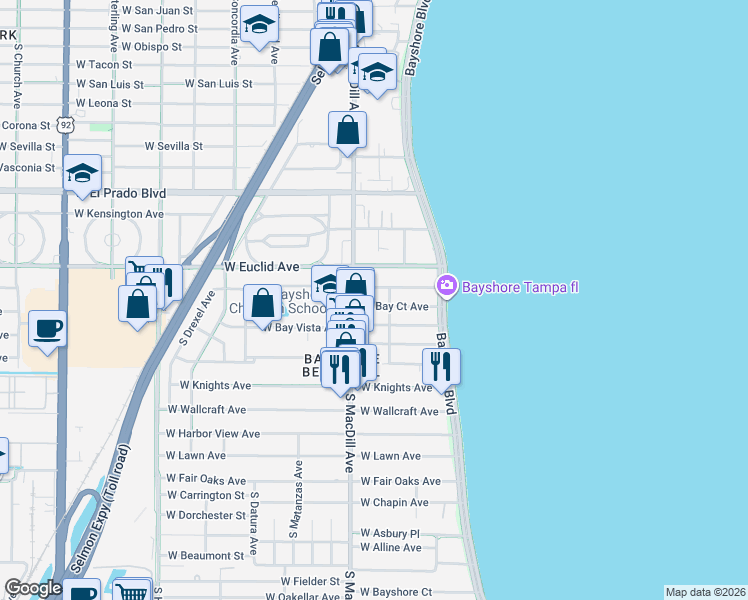 map of restaurants, bars, coffee shops, grocery stores, and more near 3003 West Bay Court Avenue in Tampa