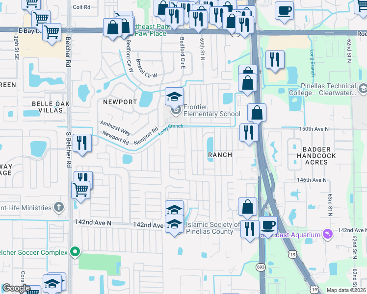 map of restaurants, bars, coffee shops, grocery stores, and more near 118 Robin Road in Clearwater