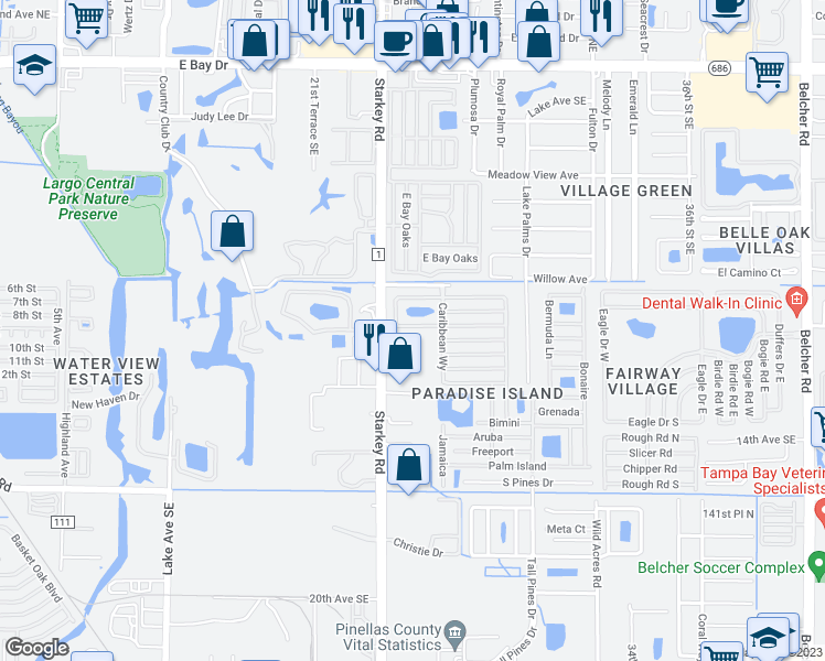 map of restaurants, bars, coffee shops, grocery stores, and more near Nassau Lane in Largo