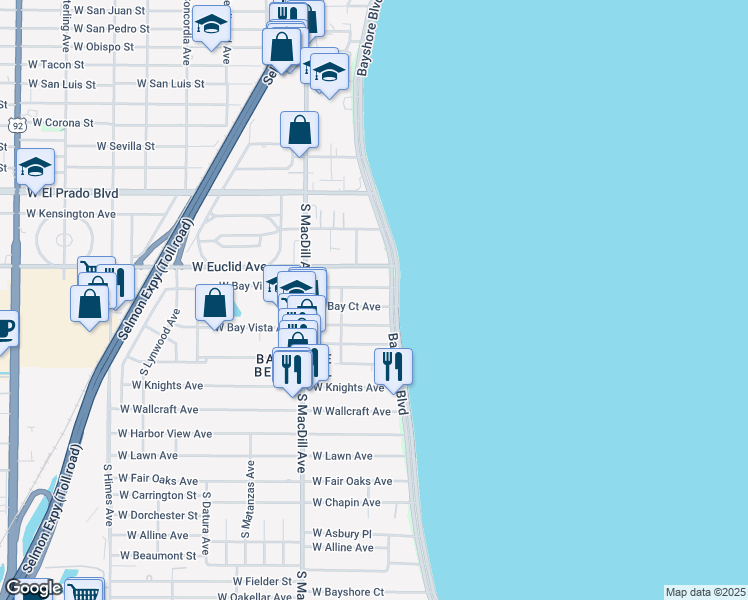 map of restaurants, bars, coffee shops, grocery stores, and more near 2906 West Bay Villa Avenue in Tampa